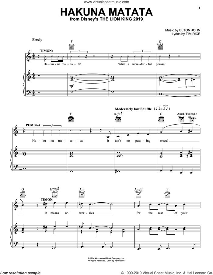 Hakuna Matata (from The Lion King 2019) sheet music for voice, piano or guitar by Elton John, Jimmy Cliff featuring Lebo M and Tim Rice, intermediate skill level