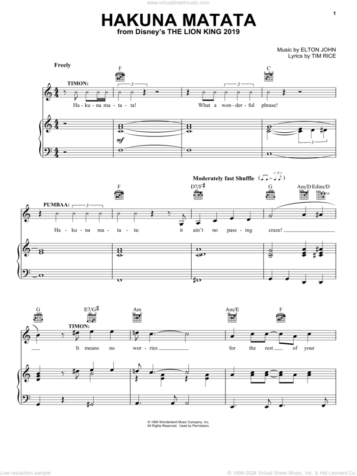 Hakuna Matata (from The Lion King 2019) sheet music for voice, piano or guitar by Elton John, Jimmy Cliff featuring Lebo M and Tim Rice, intermediate skill level