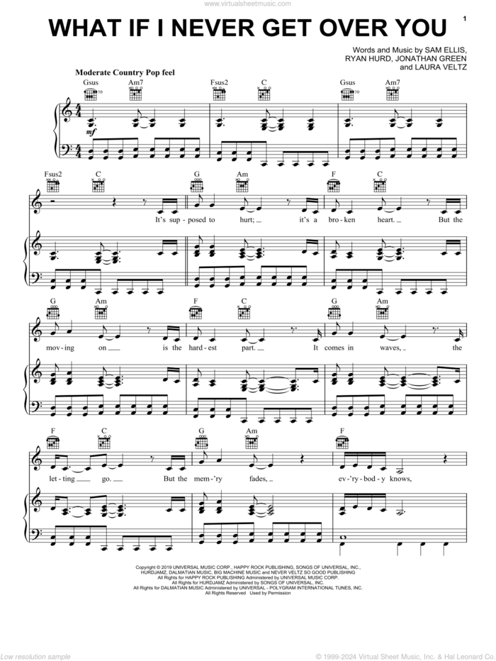 What If I Never Get Over You sheet music for voice, piano or guitar by Lady Antebellum, Lady A, Jonathan Green, Laura Veltz, Ryan Hurd and Sam Ellis, intermediate skill level