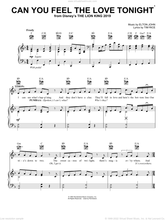 Can You Feel The Love Tonight (from The Lion King 2019) sheet music for voice, piano or guitar by Elton John and Tim Rice, wedding score, intermediate skill level