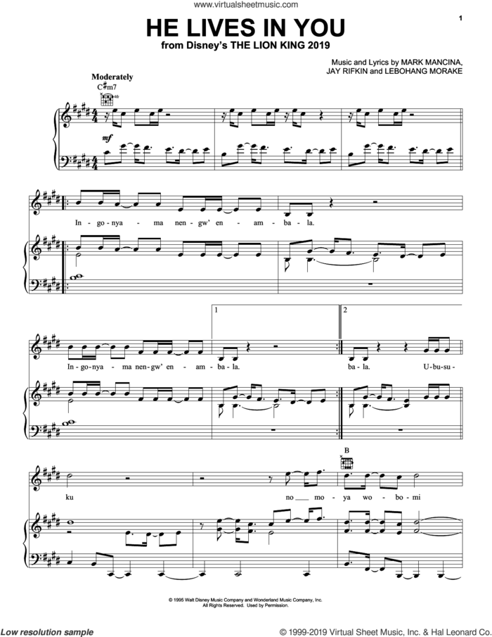He Lives In You (from The Lion King 2019) sheet music for voice, piano or guitar by Lebo M., Jay Rifkin, Lebohang Morake and Mark Mancina, intermediate skill level