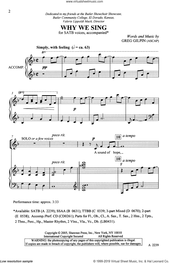 Why We Sing sheet music for choir (SATB: soprano, alto, tenor, bass) by Greg Gilpin, intermediate skill level