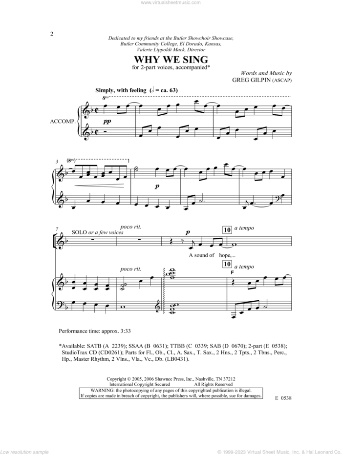 Why We Sing sheet music for choir (2-Part) by Greg Gilpin, intermediate duet