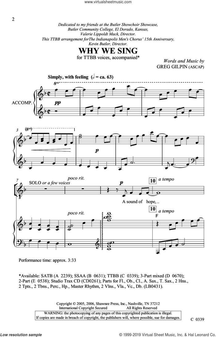 Why We Sing sheet music for choir (TTBB: tenor, bass) by Greg Gilpin, intermediate skill level