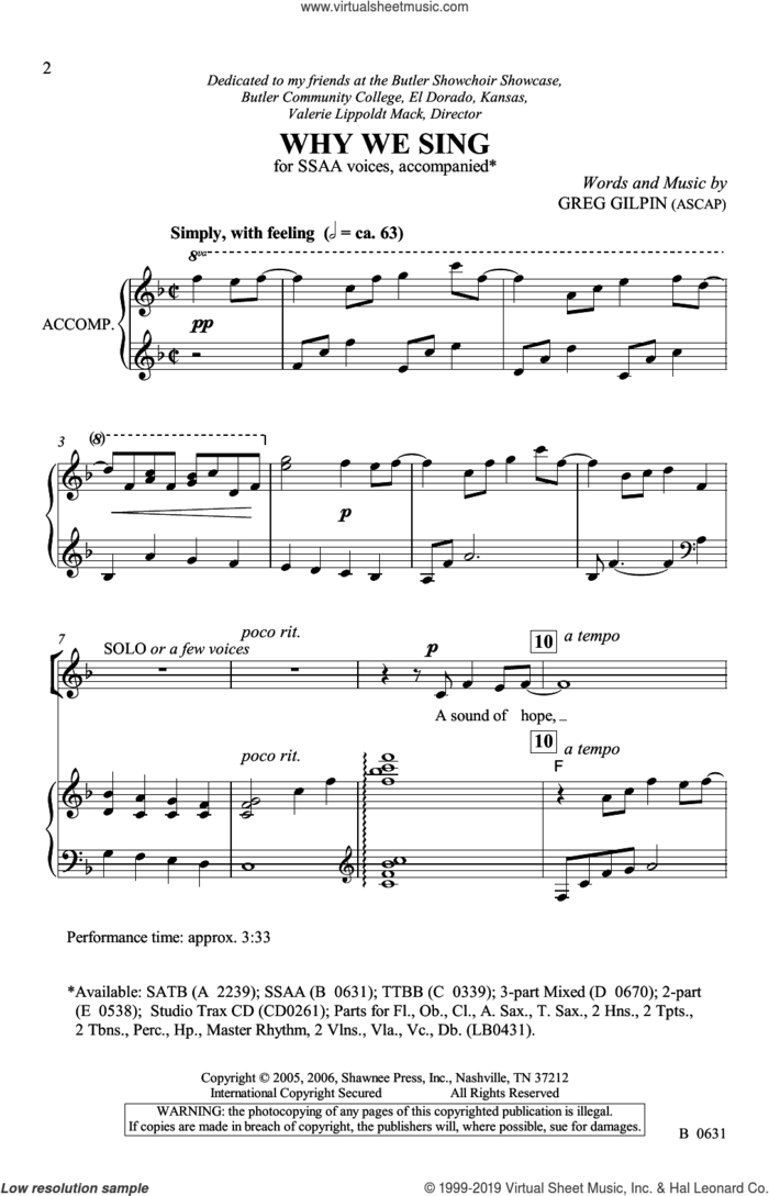 Why We Sing sheet music for choir (SSA: soprano, alto) by Greg Gilpin, intermediate skill level