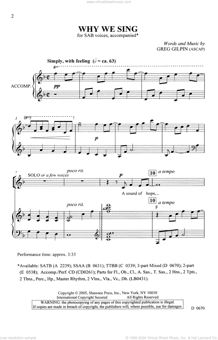 Why We Sing sheet music for choir (SAB: soprano, alto, bass) by Greg Gilpin, intermediate skill level
