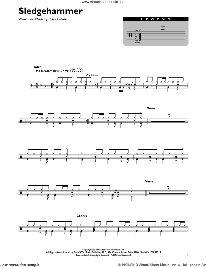 Sledgehammer sheet music for drums (percussions) by Peter Gabriel, intermediate skill level