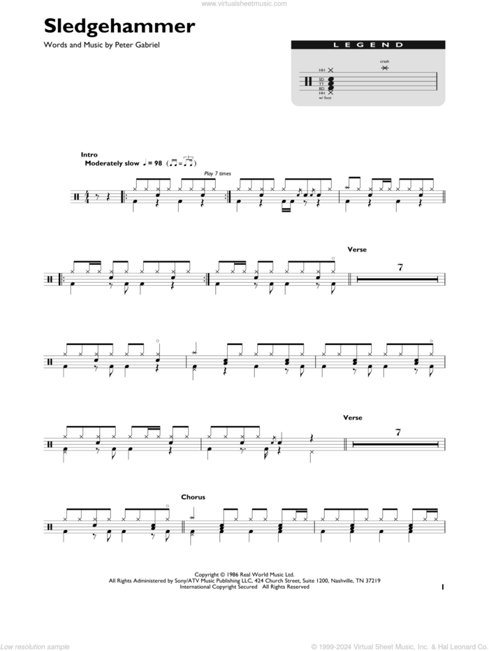 Sledgehammer sheet music for drums (percussions) by Peter Gabriel, intermediate skill level