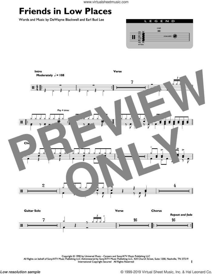 Friends In Low Places sheet music for drums (percussions) by Garth Brooks, DeWayne Blackwell and Earl Bud Lee, intermediate skill level