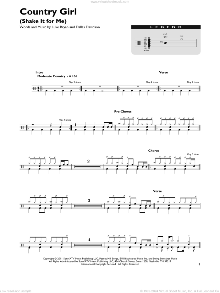 Country Girl (Shake It For Me) sheet music for drums (percussions) by Luke Bryan and Dallas Davidson, intermediate skill level