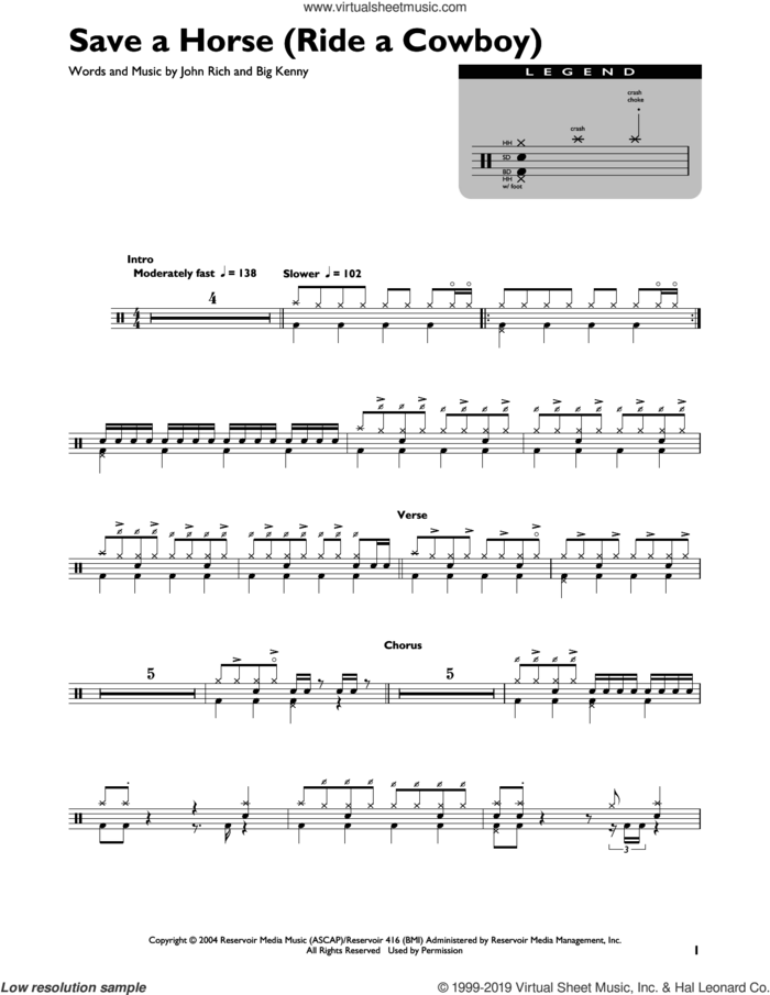 Save A Horse (Ride A Cowboy) sheet music for drums (percussions) by Big & Rich, Big Kenny and John Rich, intermediate skill level