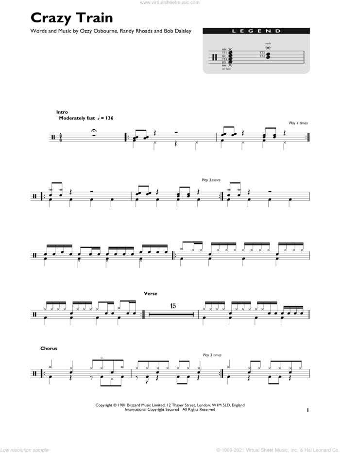 Crazy Train sheet music for drums (percussions) by Ozzy Osbourne, Bob Daisley and Randy Rhoads, intermediate skill level