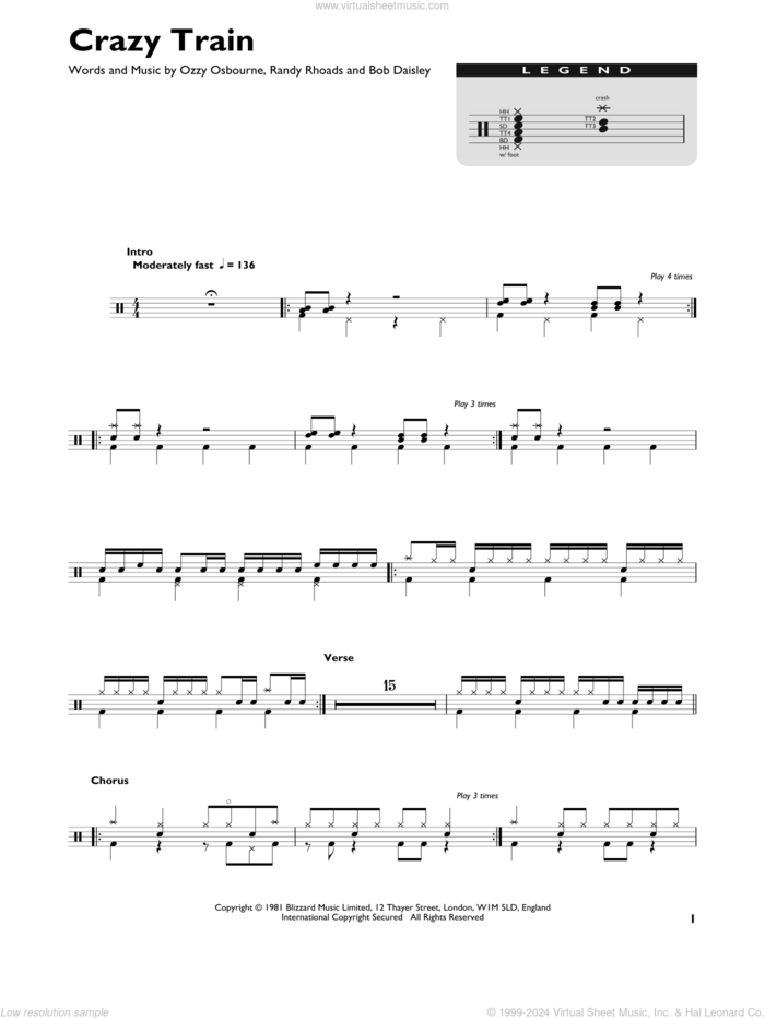 Crazy Train sheet music for drums (percussions) by Ozzy Osbourne, Bob Daisley and Randy Rhoads, intermediate skill level