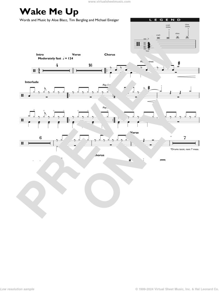 Wake Me Up sheet music for drums (percussions) by Avicii, Aloe Blacc, Michael Einziger and Tim Bergling, intermediate skill level