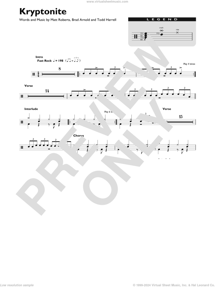 Kryptonite sheet music for drums (percussions) by 3 Doors Down, Brad Arnold, Matt Roberts and Todd Harrell, intermediate skill level