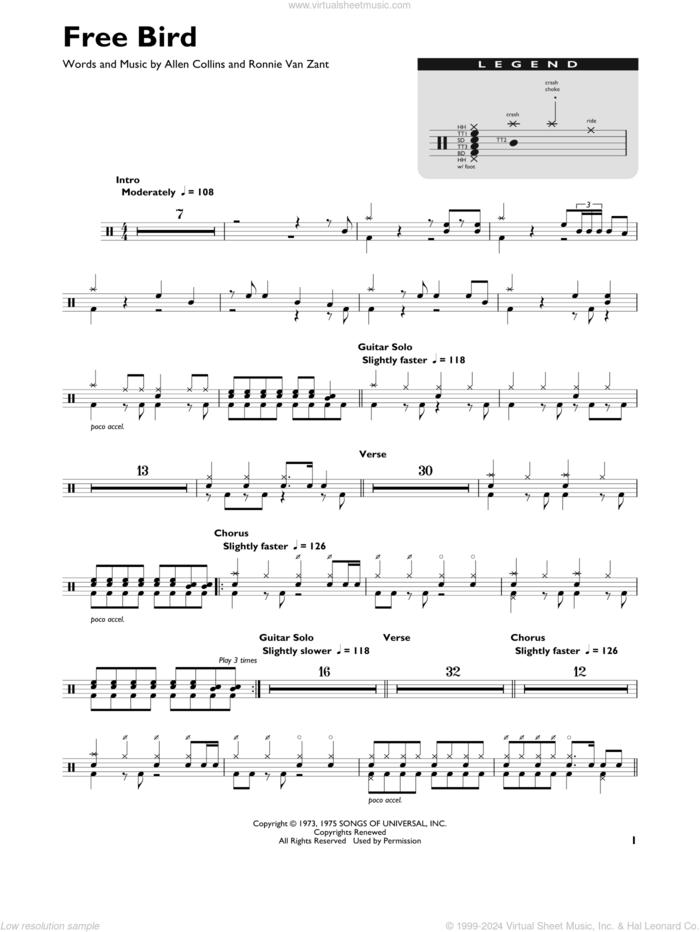 Free Bird sheet music for drums (percussions) by Lynyrd Skynyrd, Allen Collins and Ronnie Van Zant, intermediate skill level