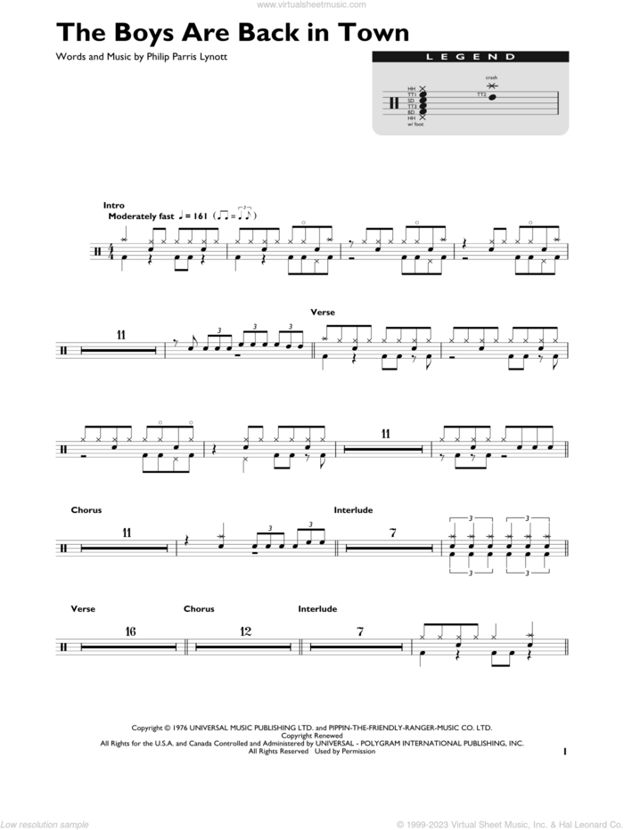 The Boys Are Back In Town sheet music for drums (percussions) by Thin Lizzy and Phil Lynott, intermediate skill level