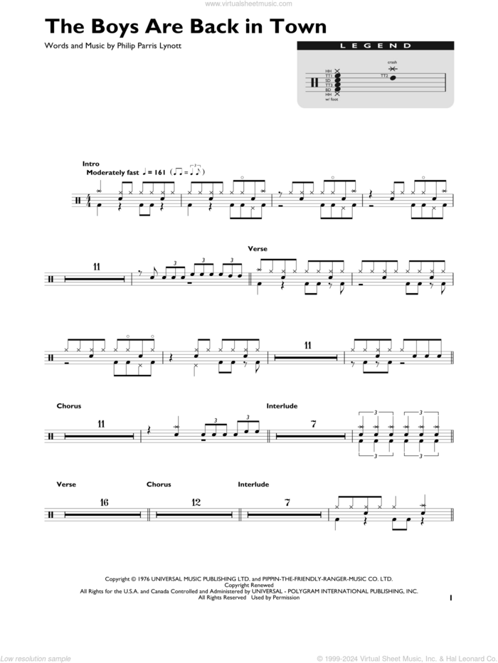 The Boys Are Back In Town sheet music for drums (percussions) by Thin Lizzy and Phil Lynott, intermediate skill level