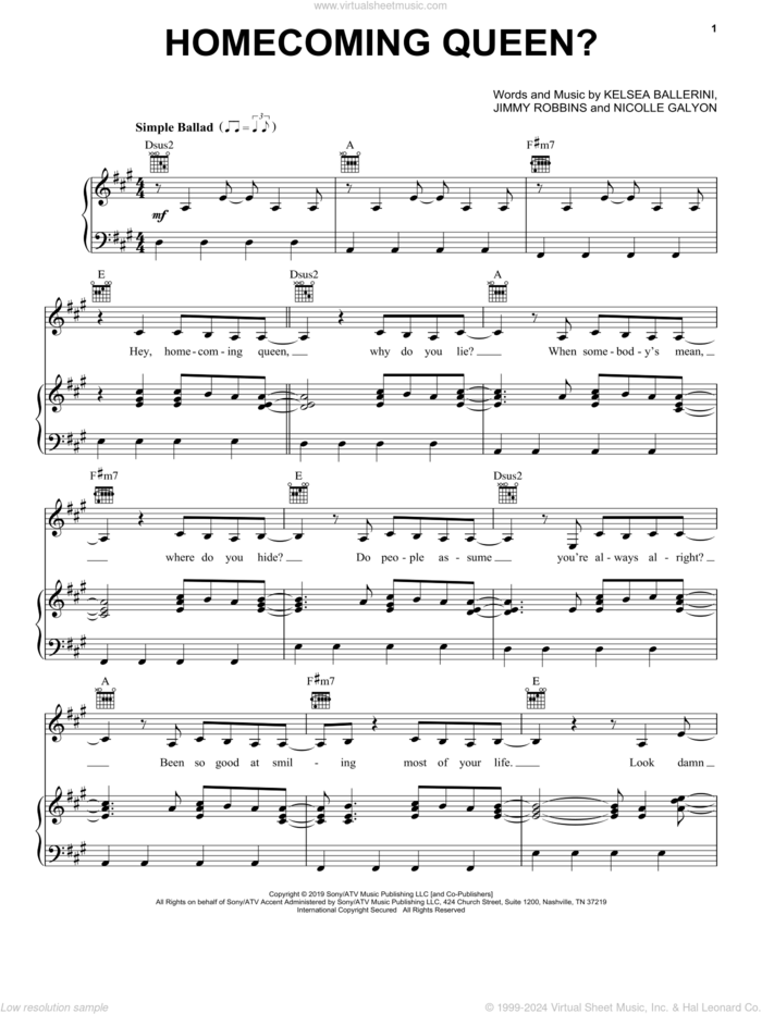 homecoming queen? sheet music for voice, piano or guitar by Kelsea Ballerini, Jimmy Robbins and Nicolle Galyon, intermediate skill level