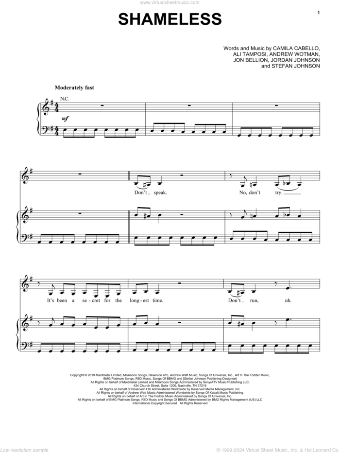 Shameless sheet music for voice, piano or guitar by Camila Cabello, Ali Tamposi, Andrew Wotman, Jon Bellion, Jordan Johnson and Stefan Johnson, intermediate skill level