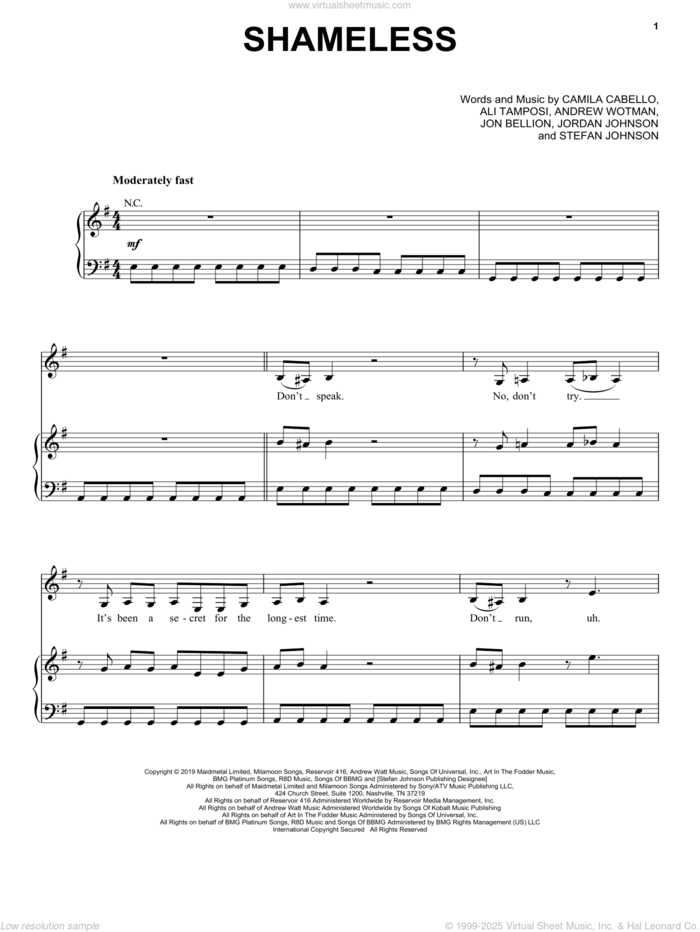 Shameless sheet music for voice, piano or guitar by Camila Cabello, Ali Tamposi, Andrew Wotman, Jon Bellion, Jordan Johnson and Stefan Johnson, intermediate skill level