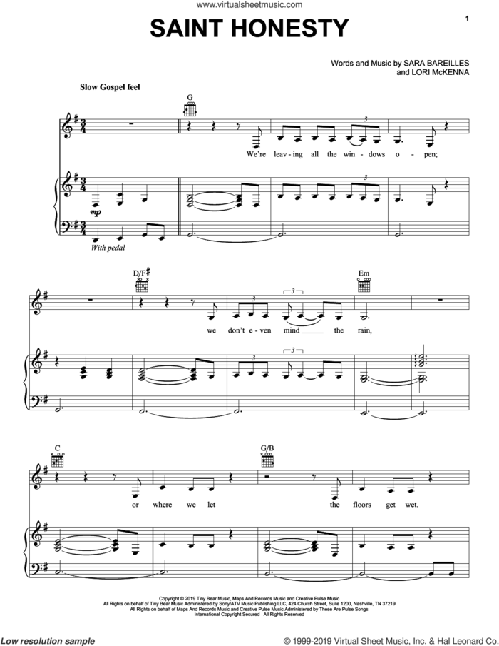 Saint Honesty sheet music for voice, piano or guitar by Sara Bareilles and Lori McKenna, intermediate skill level