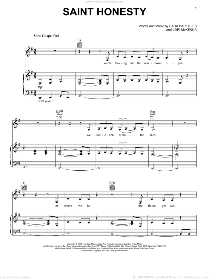 Saint Honesty sheet music for voice, piano or guitar by Sara Bareilles and Lori McKenna, intermediate skill level
