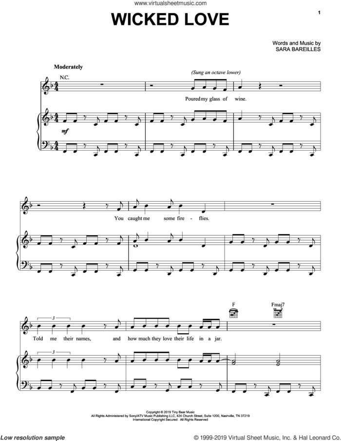 Wicked Love sheet music for voice, piano or guitar by Sara Bareilles, intermediate skill level