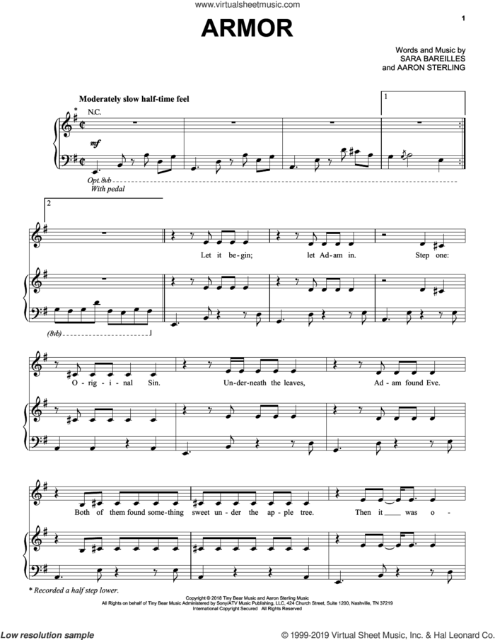 Armor sheet music for voice, piano or guitar by Sara Bareilles and Aaron Sterling, intermediate skill level