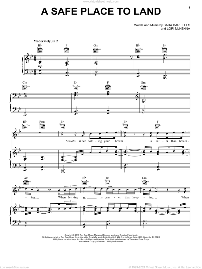 A Safe Place To Land (feat. John Legend) sheet music for voice, piano or guitar by Sara Bareilles, Sara Bareilles feat. John Legend and Lori McKenna, intermediate skill level