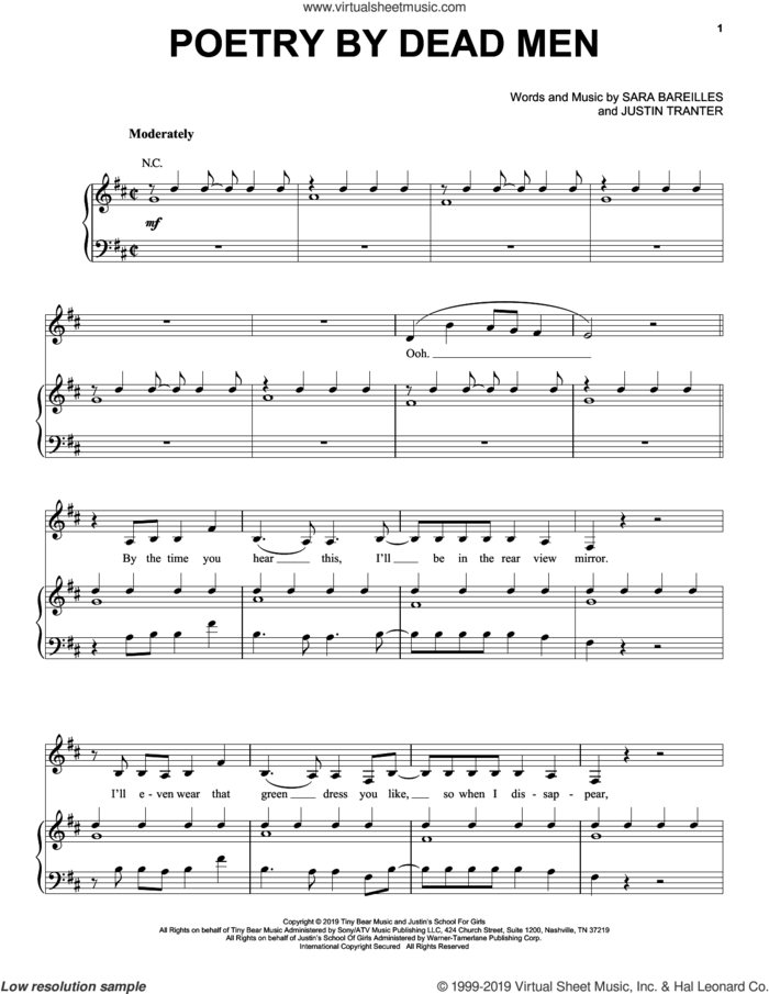 Poetry By Dead Men sheet music for voice, piano or guitar by Sara Bareilles and Justin Tranter, intermediate skill level