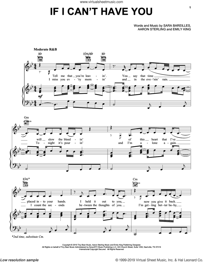 If I Can't Have You sheet music for voice, piano or guitar by Sara Bareilles, Aaron Sterling and Emily King, intermediate skill level