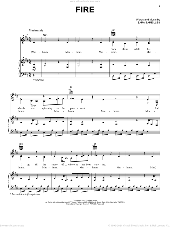 Fire sheet music for voice, piano or guitar by Sara Bareilles, intermediate skill level