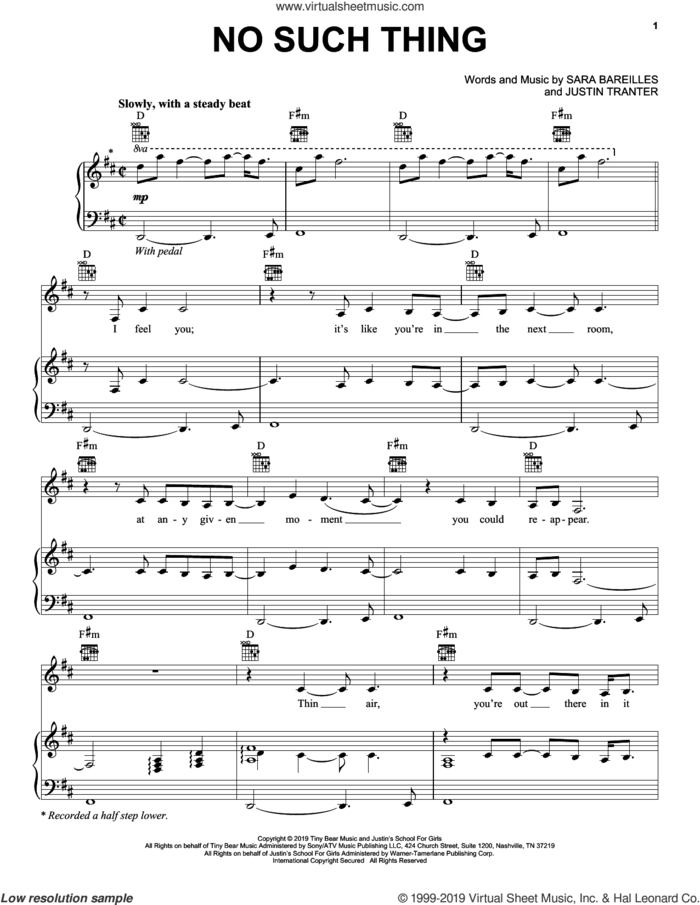 No Such Thing sheet music for voice, piano or guitar by Sara Bareilles and Justin Tranter, intermediate skill level