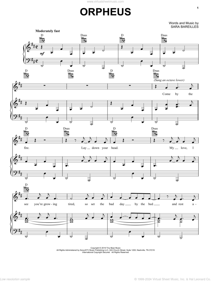 Orpheus sheet music for voice, piano or guitar by Sara Bareilles, intermediate skill level