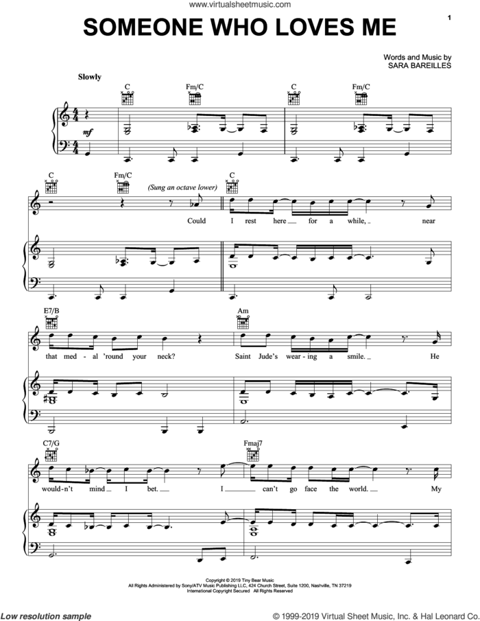 Someone Who Loves Me sheet music for voice, piano or guitar by Sara Bareilles, intermediate skill level