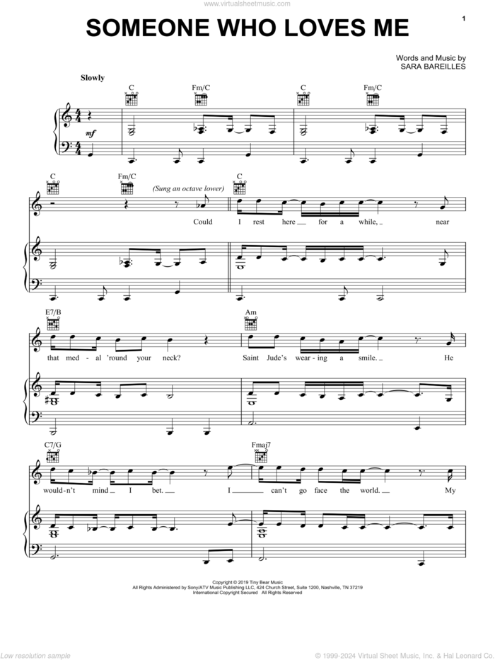 Someone Who Loves Me sheet music for voice, piano or guitar by Sara Bareilles, intermediate skill level