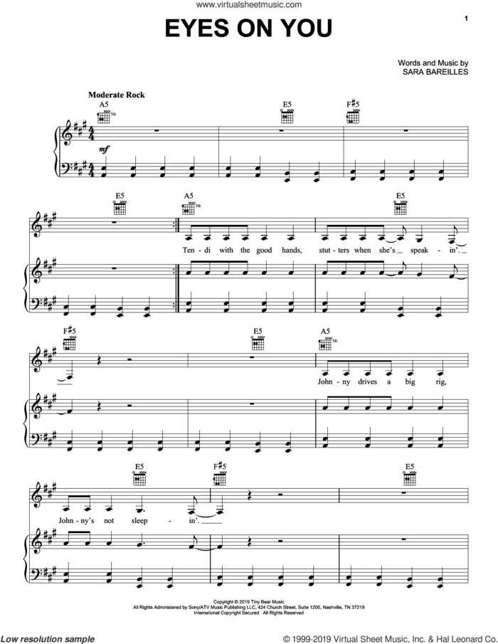 Eyes On You sheet music for voice, piano or guitar by Sara Bareilles, intermediate skill level