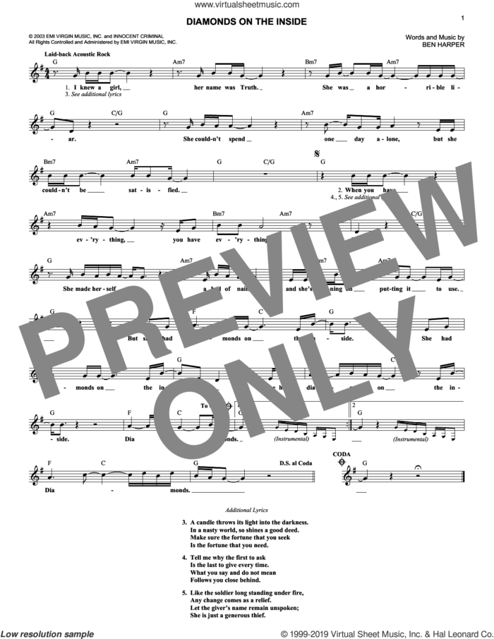 Diamonds On The Inside sheet music for voice and other instruments (fake book) by Ben Harper, intermediate skill level