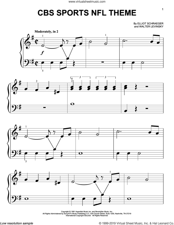 CBS Sports NFL Theme sheet music for piano solo (big note book) by Elliot Schraeger and Walter Levinsky, Elliot Schraeger and Walter Levinsky, easy piano (big note book)