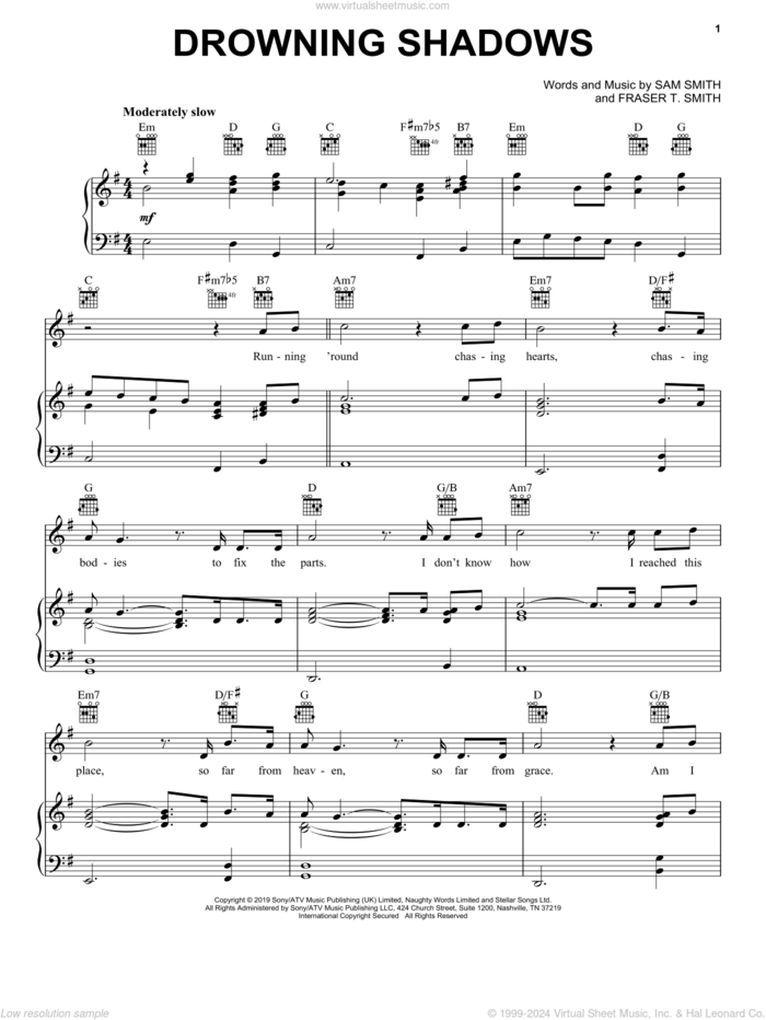Drowning Shadows sheet music for voice, piano or guitar by Sam Smith and Fraser T. Smith, intermediate skill level