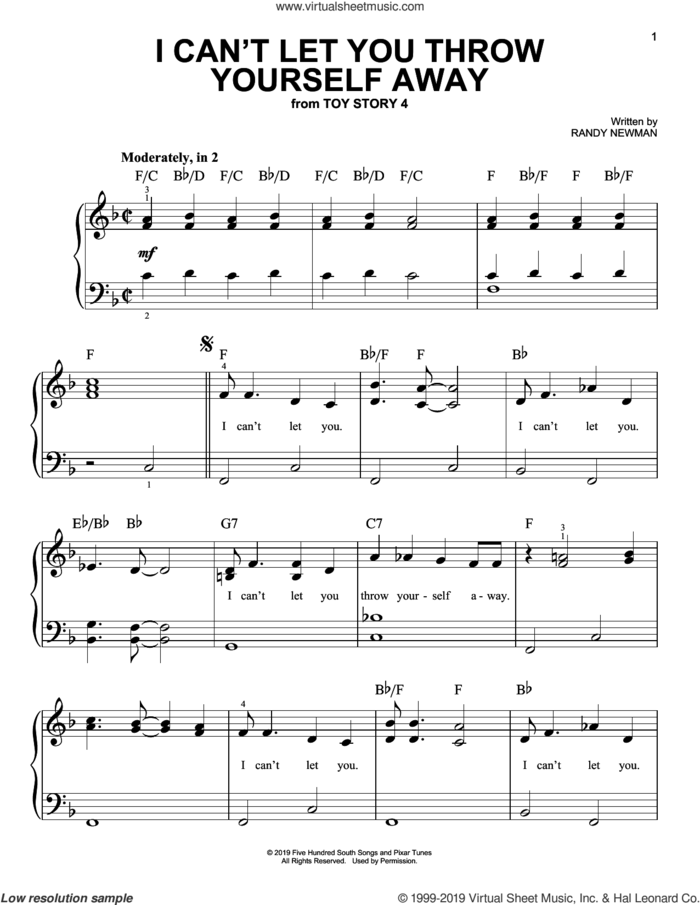I Can't Let You Throw Yourself Away (from Toy Story 4) sheet music for piano solo by Randy Newman, easy skill level