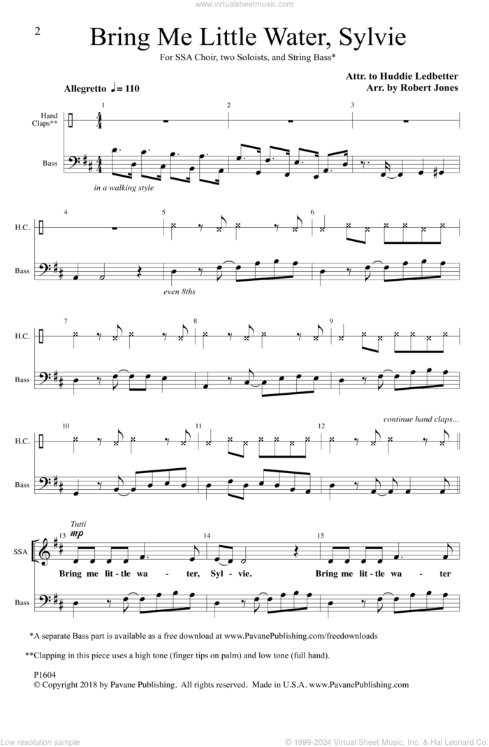 Bring Me Little Water Sylvie sheet music for choir (SSA: soprano, alto) by Huddie Ledbetter, intermediate skill level