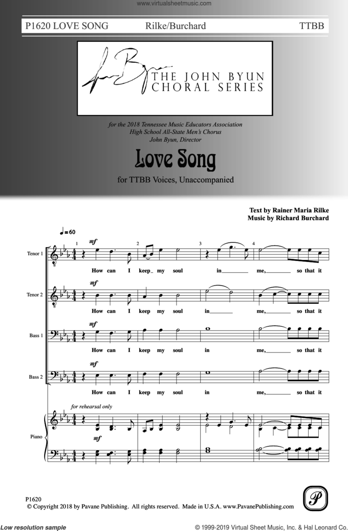 Love Song sheet music for choir (TTBB: tenor, bass) by Richard Burchard and Rainer Maria Rilke, intermediate skill level