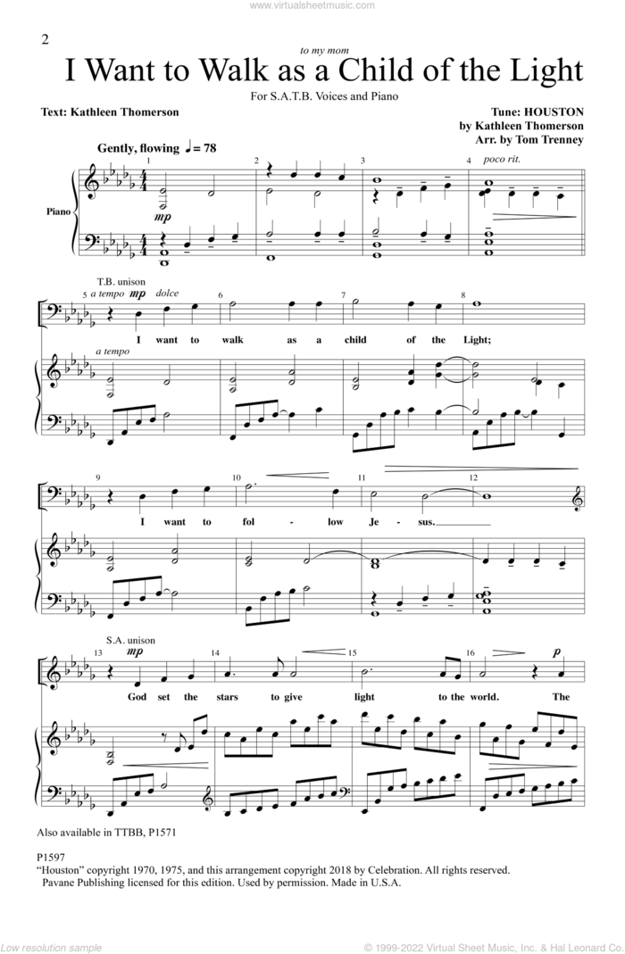 I Want To Walk As A Child Of The Light (arr. Tom Trenney) sheet music for choir (SATB: soprano, alto, tenor, bass) by Kathleen Thomerson and Tom Trenney, intermediate skill level
