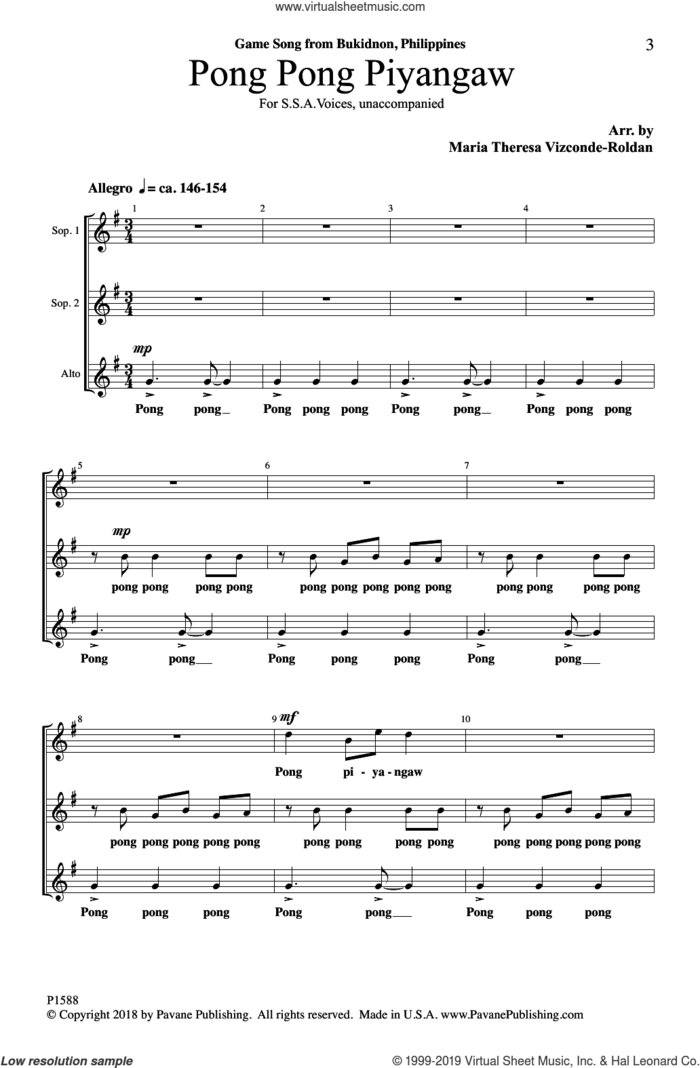 Pong Pong Piyangaw sheet music for choir (SSA: soprano, alto) by Maria Theresa Vizconde-Roldan, intermediate skill level