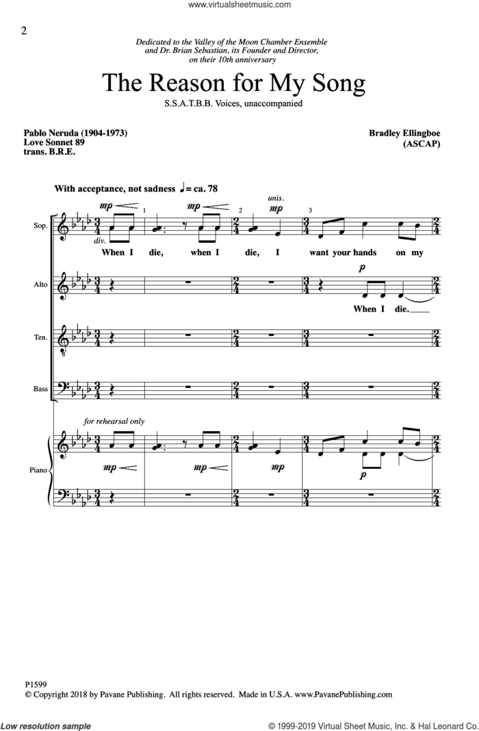 The Reason For My Song sheet music for choir (SATB: soprano, alto, tenor, bass) by Bradley Ellingboe and Pablo Neruda, intermediate skill level