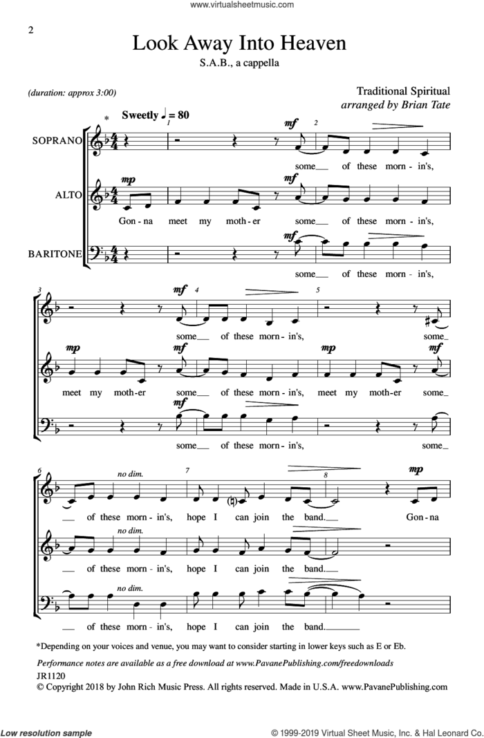 Look Away Into Heaven sheet music for choir (SAB: soprano, alto, bass) by Brian Tate, intermediate skill level