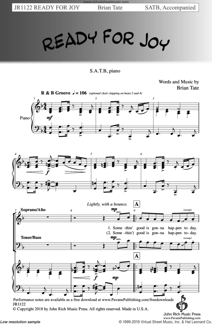 Ready For Joy sheet music for choir (SATB: soprano, alto, tenor, bass) by Brian Tate, intermediate skill level