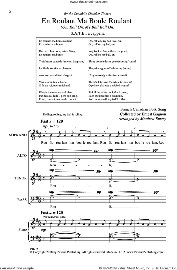 En Roulant Ma Boule Roulant sheet music for choir (SATB: soprano, alto, tenor, bass) by Matthew Emery, intermediate skill level